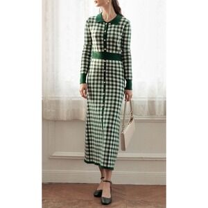 Simple Retro Gingham Knit Midi Dress Womens Medium Green White Button Front